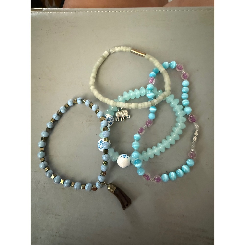 Boho Beaded Bracelet Set 4pc‎ Blue White Purple Elephant Charm Tassel Stretch